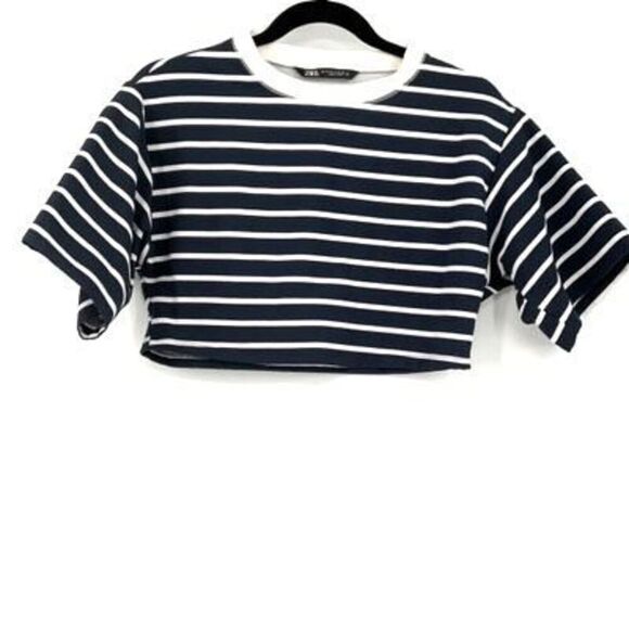 Zara Black White Striped Crew Neck Pullover Crop Top Small - Picture 2 of 5